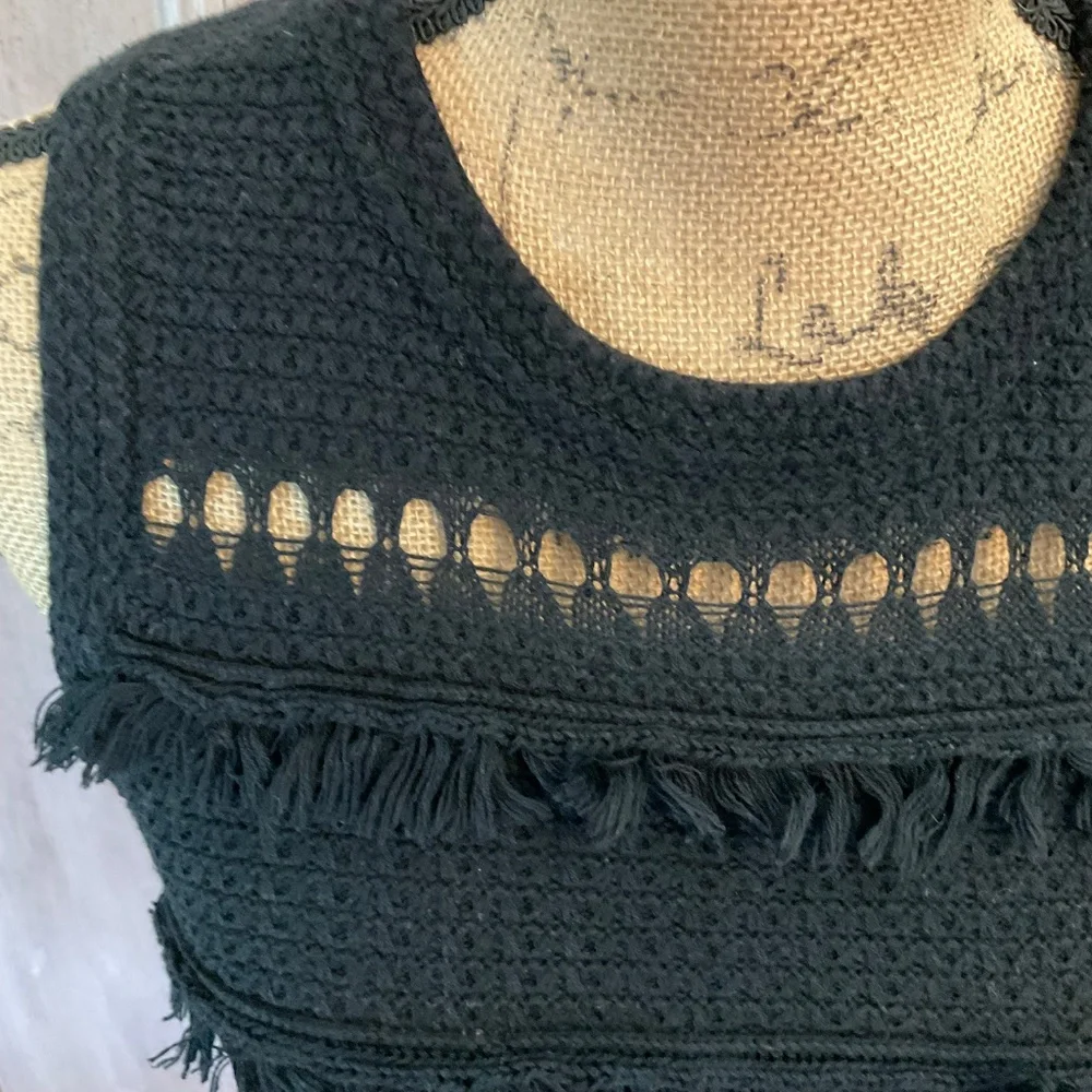 J Crew Factory Black 100% Cotton textured knit top sleeveless fringe Tank small